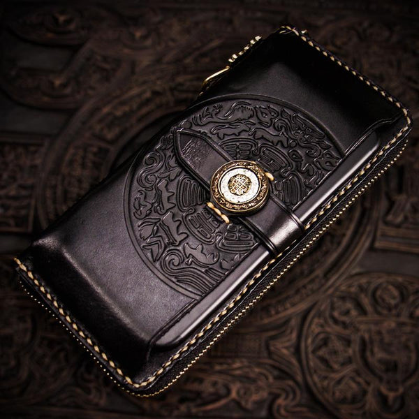 Handmade Leather Tibetan Mens Chain Biker Wallet Cool Leather Wallet Long Clutch Wallets for Men - imessengerbags