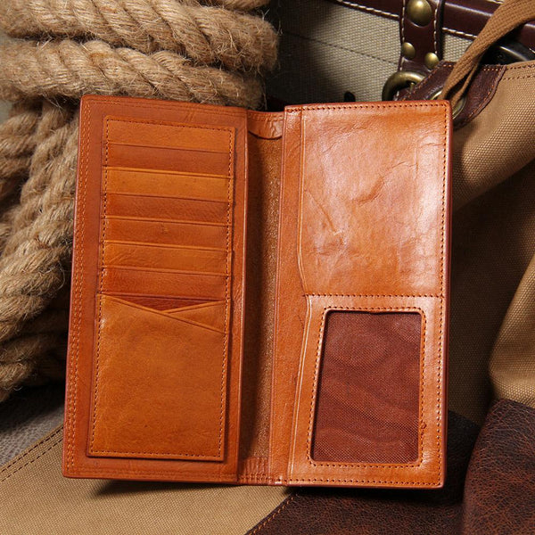 Cool Leather Mens Long Leather Wallet Bifold Slim Wallet for Men - imessengerbags