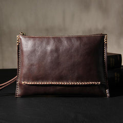 Handmade Leather Mens Coffee Brown Clutch Vintage Wristlet Bag Clutch Wallet for Men - imessengerbags