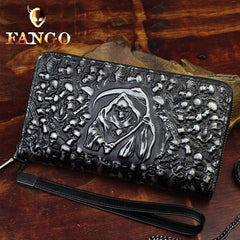 Handmade Leather Mens Tooled Skull Death Cool Zipper Phone Travel Long Wallet Card Holder Card Slim Clutch Wallets for Men - imessengerbags