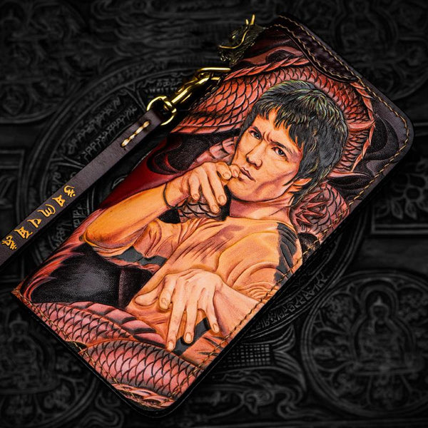 Handmade Leather Tooled Bruce Lee Black Mens Chain Biker Wallet Cool Leather Wallet Long Clutch Wallets for Men - imessengerbags
