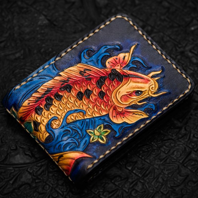 Handmade Leather License Wallet Tooled Carp Mens billfold Wallet Cool Leather Wallet Slim Wallet for Men - imessengerbags