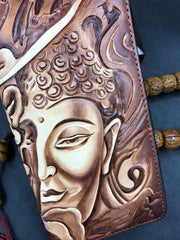 Handmade Leather Mens Clutch Wallet Cool Buddha&Demon Tooled Wallet Long Zipper Wallets for Men - imessengerbags