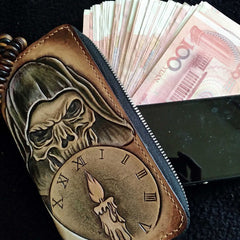 Handmade Leather Skull Death Tooled Mens Long Wallet Cool Leather Wallet Clutch Wallet for Men - imessengerbags