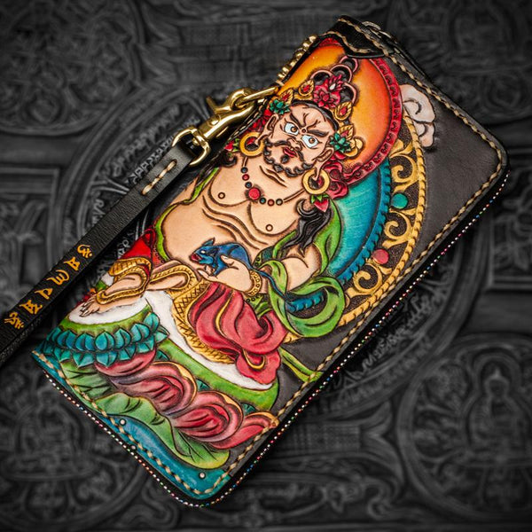 Handmade Leather Tooled Yellow Jambhala Mens Chain Biker Wallet Cool Leather Wallet Zipper Long Phone Wallets for Men - imessengerbags