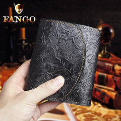 Handmade Leather Floral Mens Trifold Cool billfold Wallet Card Holder Small Card Slim Wallets for Men - imessengerbags