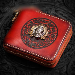 Handmade Leather Small Tooled Mens billfold Wallet Cool Chain Wallet Biker Wallet for Men
