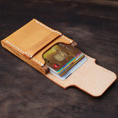 Handmade Wooden Brown Leather Mens Wallet Small Card Holder Coin Wallet for Men - imessengerbags