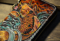 Handmade Leather Carp Mens Chain Biker Wallet Cool Leather Wallet Long Phone Wallets for Men