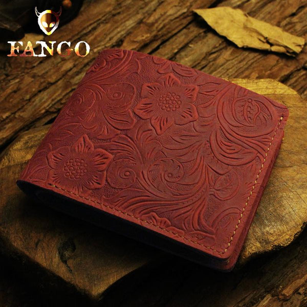 Handmade Leather Floral Mens Cool Slim Leather Wallet Men billfold Wallets Bifold for Men - imessengerbags