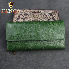 Handmade Leather Floral Mens Cool Travel Long Wallet Card Holder Card Trifold Clutch Wallets for Men - imessengerbags