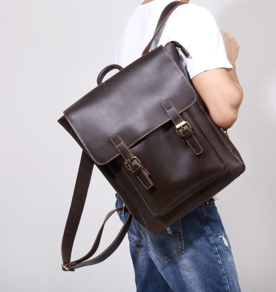 Genuine Leather Mens Cool Backpack Sling Bag Large Black Travel Bag Hiking Bag for men - imessengerbags
