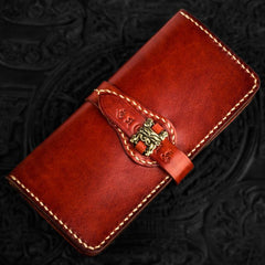 Handmade Leather Men Tooled Chinese Lion Cool Leather Wallet Long Phone Wallets for Men - imessengerbags