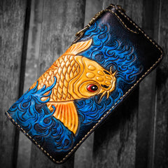 Handmade Leather Men Tooled Carp Cool Leather Wallet Long Phone Wallets for Men - imessengerbags