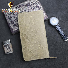 Handmade Leather Floral Mens Cool Travel Long Wallet Card Holder Card Slim Clutch Wallets for Men - imessengerbags