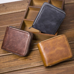 Genuine Leather Mens Cool Zipper Leather Wallet Men Small Wallets Bifold for Men - imessengerbags