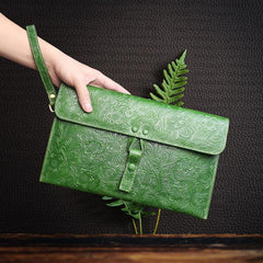 Handmade Leather Floral Tooled Mens Clutch Cool Slim Wallet Zipper Clutch Wristlet Wallet for Men