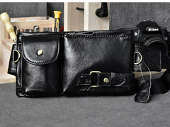 Black Leather Fanny Pack Mens Waist Bag Hip Pack Belt Bag for Men