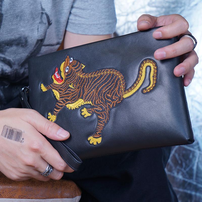 Handmade Leather Mens Clutch Cool Slim Wallet Zipper Clutch Wristlet Wallet for Men