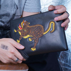 Handmade Leather Mens Clutch Cool Slim Wallet Zipper Clutch Wristlet Wallet for Men