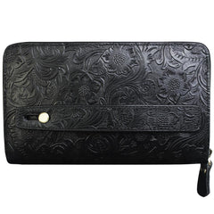 Handmade Leather Floral Tooled Mens Clutch Cool Slim Wallet Zipper Clutch Wristlet Wallet for Men