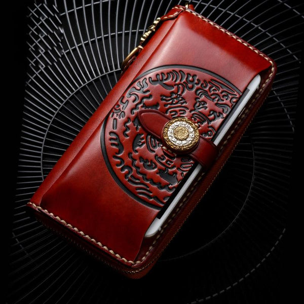Handmade Leather Mens Chain Biker Wallet Cool Leather Wallet Long Phone Wallets for Men - imessengerbags