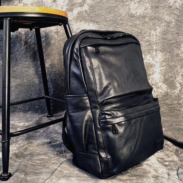 Mens Leather Cool Black Backpack for School Travel Bag Hiking Bag For Men - imessengerbags