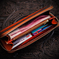 Handmade Leather Mens Cool Long Leather Wallet Zipper Clutch Wallet for Men