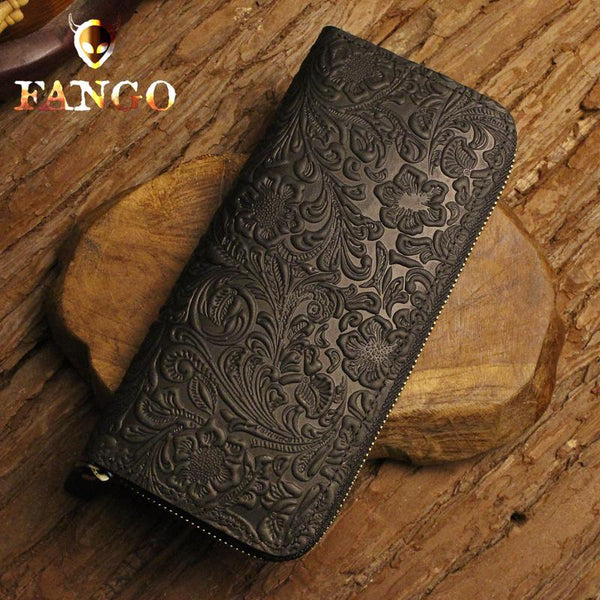Handmade Leather Floral Floral Mens Cool Zipper Phone Travel Long Wallet Card Holder Card Slim Clutch Wallets for Men - imessengerbags