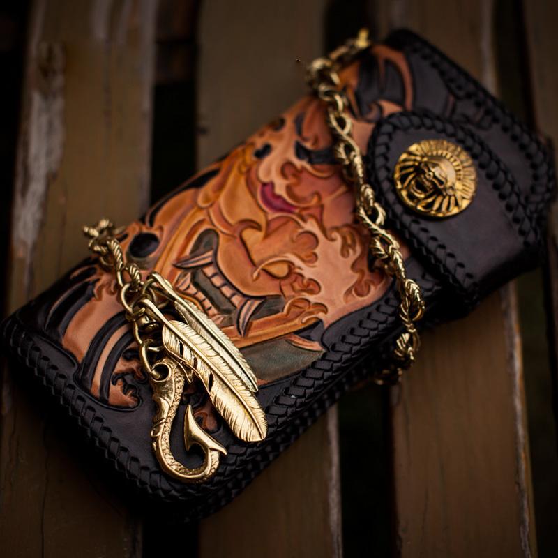Handmade Leather Tooled Prajna Mens Chain Biker Wallet Cool