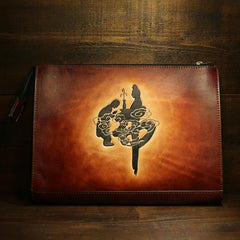 Handmade Leather Tooled Mens Cool Long Leather iPad Bag Wristlet Clutch Wallet for Men