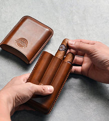 Cool Brown Leather Mens 3pcs Cigar Case Cool Custom Leather Cigar Case for Men