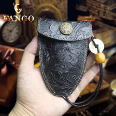 Handmade Leather Floral Mens Cool Car Key Wallet Coin Wallet Pouch Car KeyChain for Men - imessengerbags