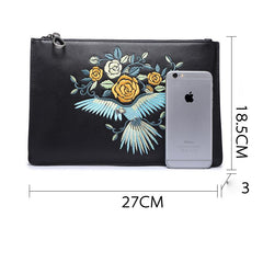 Handmade Leather Mens Clutch Parrots Cool Slim Wallet Zipper Clutch Wristlet Wallet for Men