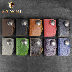 Handmade Leather Floral Mens Cool Short Wallet Card Holder Small Card Slim Wallets for Men - imessengerbags