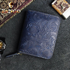 Handmade Leather Floral Mens Zipper Cool billfold Wallet Card Holder Small Card Slim Wallets for Men - imessengerbags