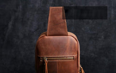 Handmade Leather Mens Cool Chest Bag Sling Bag Crossbody Bag Travel Bag Hiking Bag for men