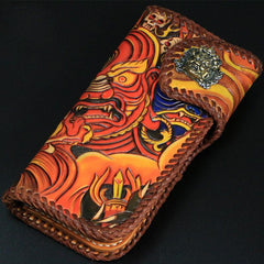 Handmade Mens Tooled God Mahakala Leather Chain Wallet Biker Trucker Wallet with Chain