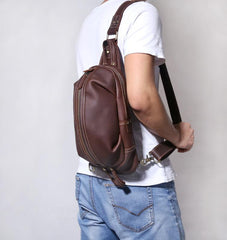 Handmade Leather Mens Cool Chest Bag Sling Bag Crossbody Bag Travel Bag Hiking Bag for men