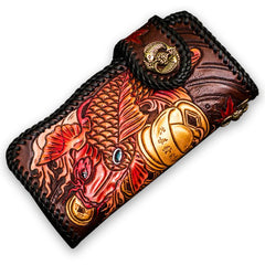 Handmade Leather Tooled Carp Mens Chain Biker Wallet Cool Leather Wallet Long Phone Wallets for Men
