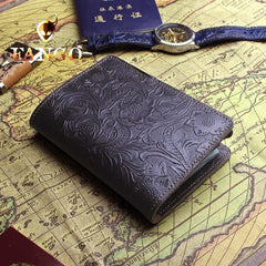Handmade Leather Floral Mens Cool Travel Short Wallet Passport Card Holder Small Card Slim Wallets for Men - imessengerbags