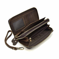 Handmade Leather Mens Cool Long Leather Wallet Zipper Wristlet Bag Clutch Wallet for Men - imessengerbags