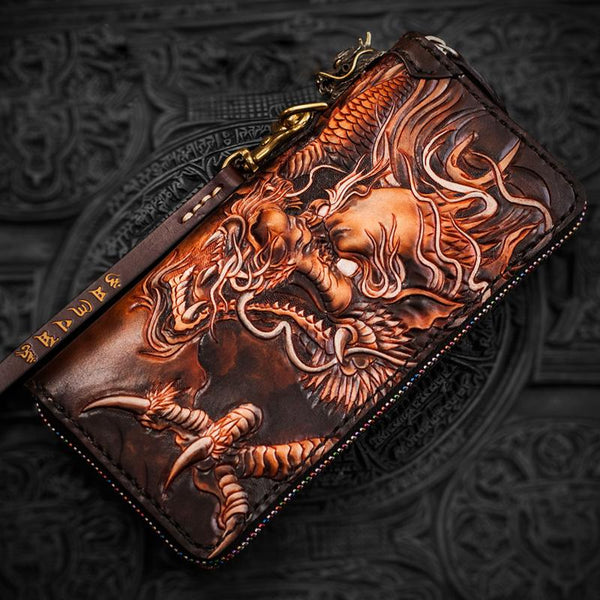 Handmade Leather Tooled Chinese Dragon Mens Chain Biker Wallet Cool Leather Wallet Long Phone Wallets for Men - imessengerbags