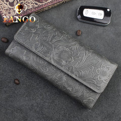 Handmade Leather Floral Mens Cool Travel Long Wallet Card Holder Card Trifold Clutch Wallets for Men - imessengerbags