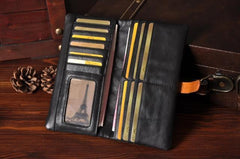 Handmade Leather Mens Cool Long Leather Wallet Bifold Clutch Wallet for Men