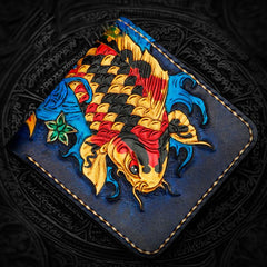 Handmade Leather Carp Tooled Mens billfold Wallet Cool Leather Wallet Slim Wallet for Men - imessengerbags