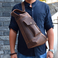 Genuine Leather Mens Cool Chest Bag Sling Bag Crossbody Bag Travel Bag Hiking Bag for men