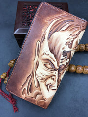 Handmade Leather Mens Clutch Wallet Cool Buddha&Demon Tooled Wallet Long Zipper Wallets for Men - imessengerbags