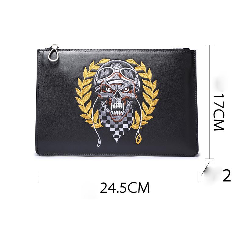 Handmade Leather Mens Clutch Skull Cool Slim Wallet Zipper Clutch Wristlet Wallet for Men