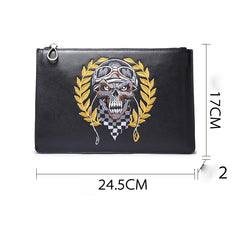 Handmade Leather Mens Clutch Skull Cool Slim Wallet Zipper Clutch Wristlet Wallet for Men